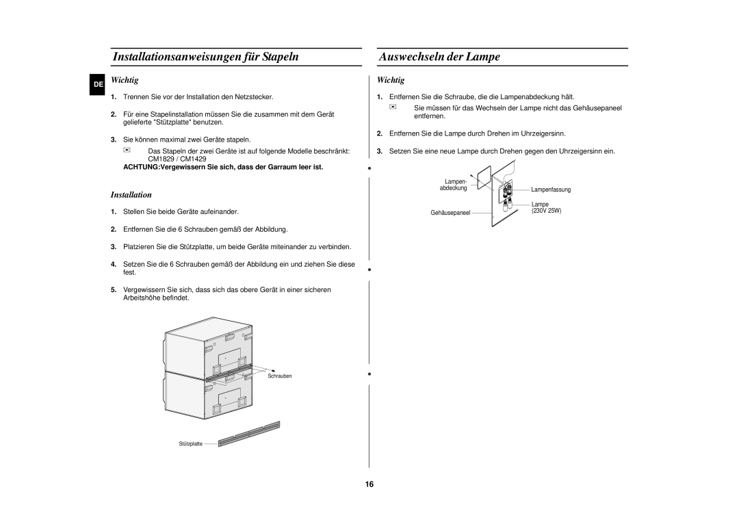 Samsung CM1829/XEU, CM1829/XEG manual Installationsanweisungen für Stapeln Auswechseln der Lampe, Wichtig 