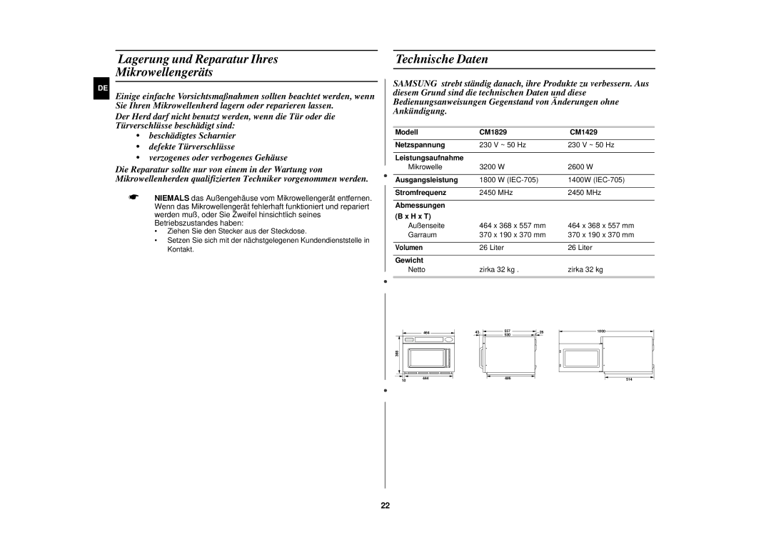 Samsung CM1829/XEU, CM1829/XEG manual Lagerung und Reparatur Ihres Mikrowellengeräts, Technische Daten 