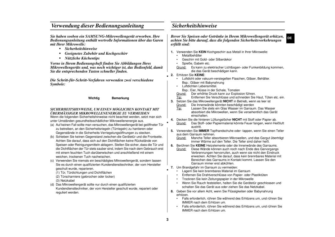 Samsung CM1829/XEG, CM1829/XEU manual Verwendung dieser Bedienungsanleitung, Sicherheitshinweise, Wichtig Bemerkung 