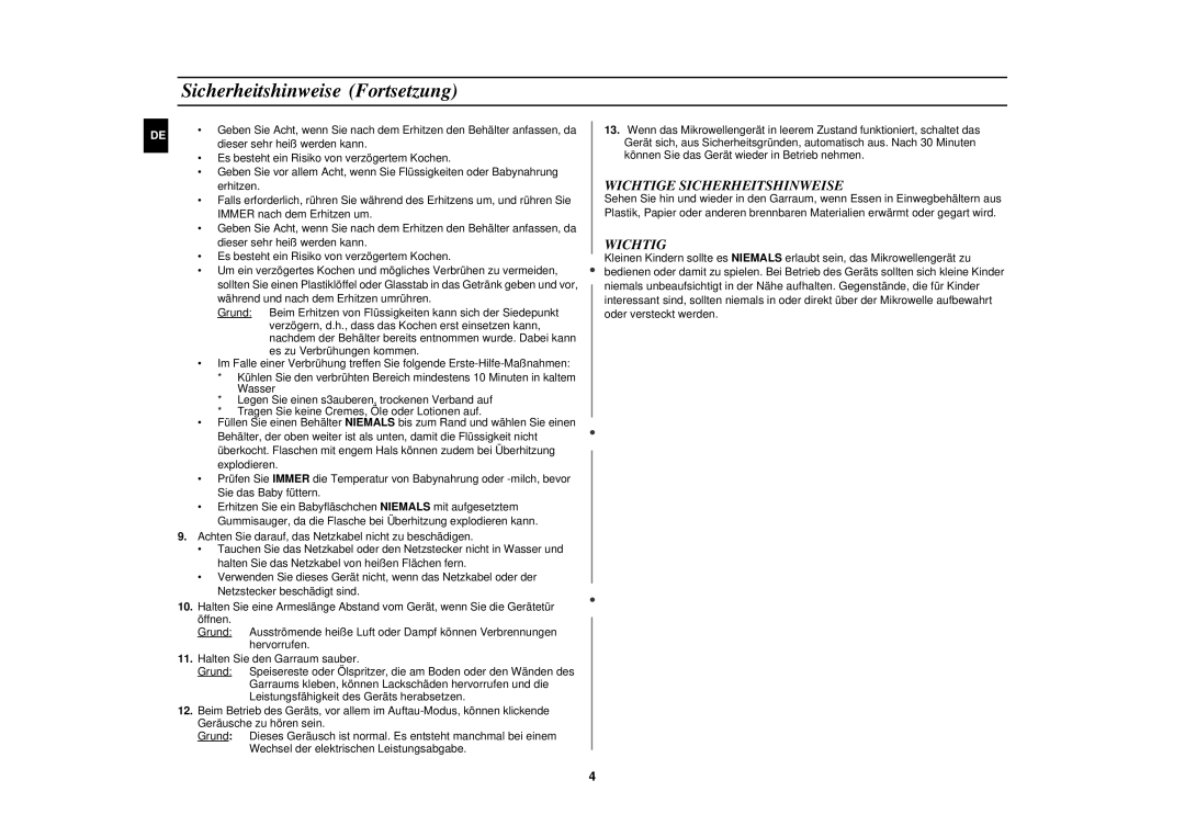 Samsung CM1829/XEU, CM1829/XEG manual Sicherheitshinweise Fortsetzung, Wichtige Sicherheitshinweise 