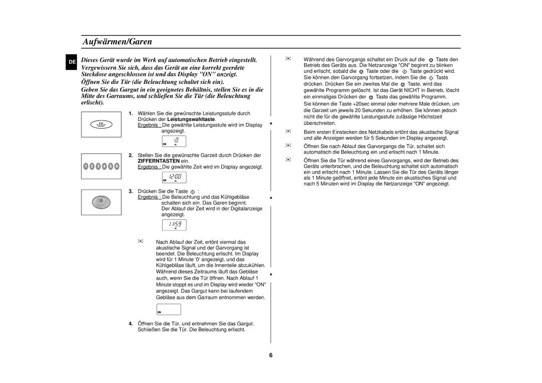 Samsung CM1829/XEU, CM1829/XEG manual Aufwärmen/Garen 