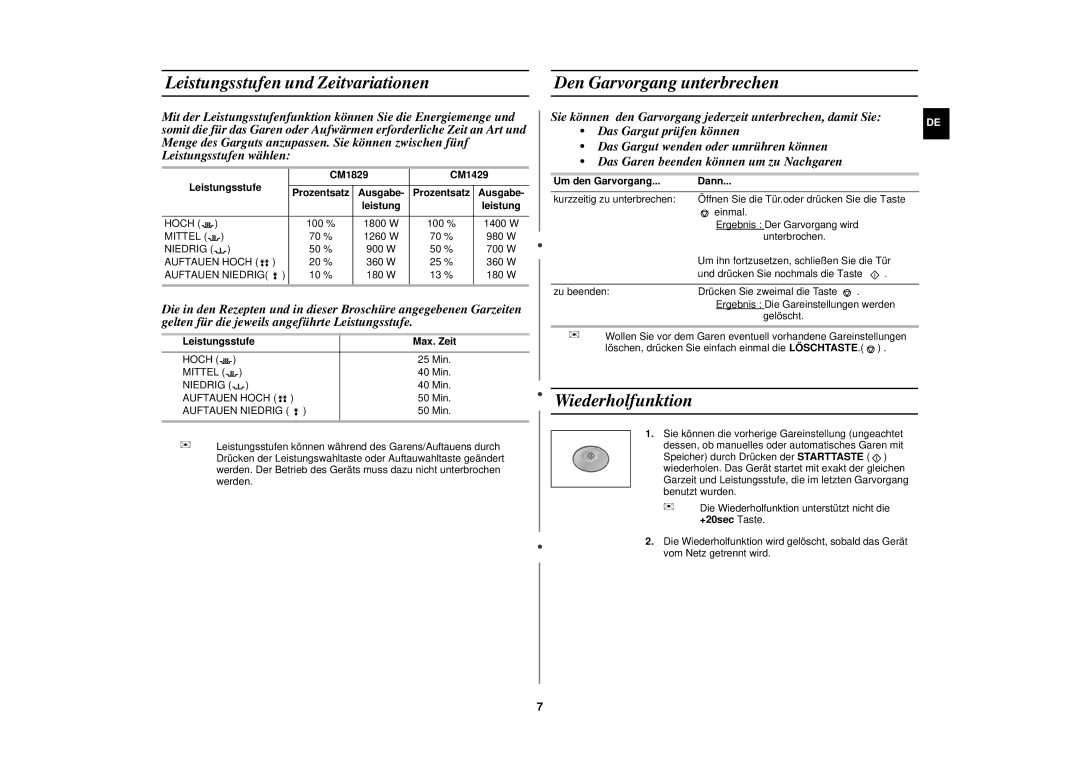 Samsung CM1829/XEG, CM1829/XEU manual Leistungsstufen und Zeitvariationen, Den Garvorgang unterbrechen, Wiederholfunktion 