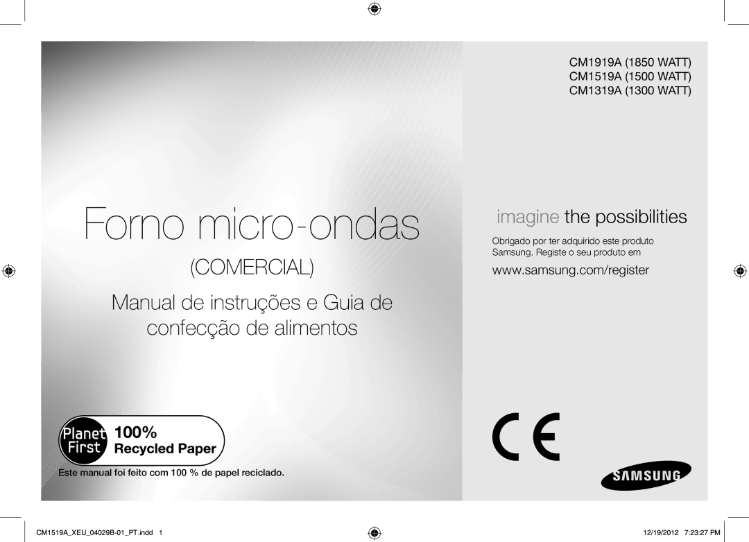 Samsung CM1519A-1/XEU, CM1919A/XEU Forno micro-ondas, Este manual foi feito com 100 % de papel reciclado 