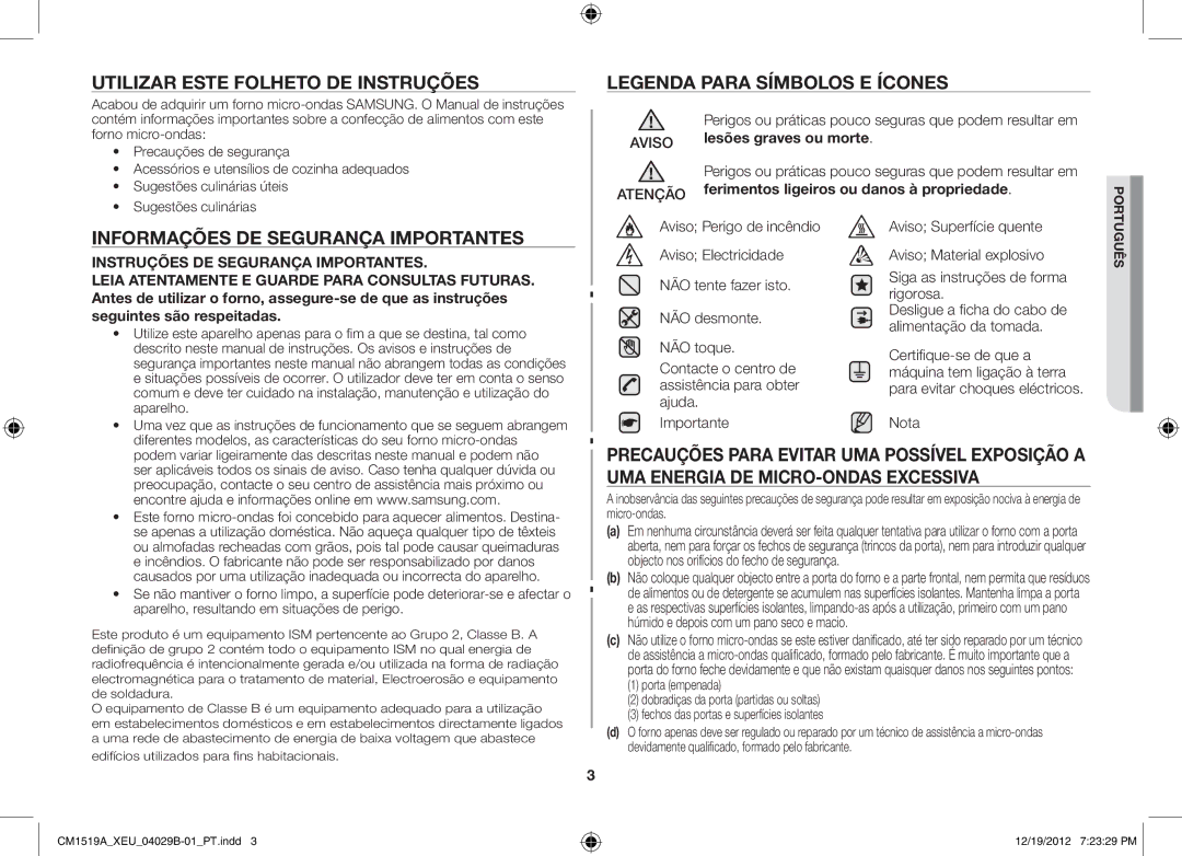 Samsung CM1519A-1/XEU Utilizar este folheto de instruções, Informações de segurança importantes, Lesões graves ou morte 