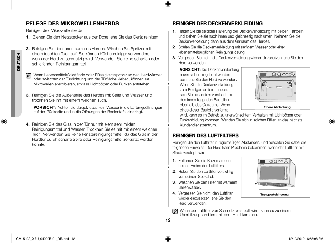 Samsung CM1919A/XEU, CM1519A-1/XEU Pflege des Mikrowellenherds, Reinigen der Deckenverkleidung, Reinigen des Luftfilters 