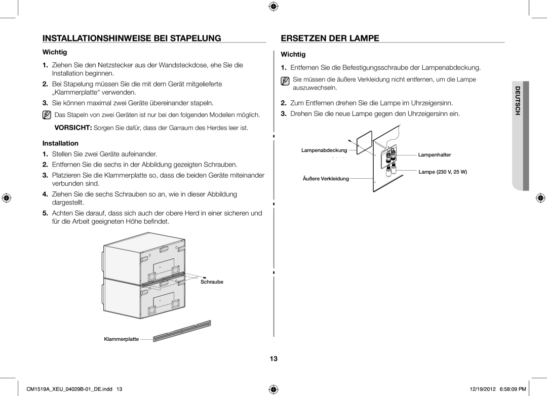 Samsung CM1519A-1/XEU, CM1919A/XEU manual Installationshinweise bei Stapelung, Ersetzen der Lampe, Wichtig 