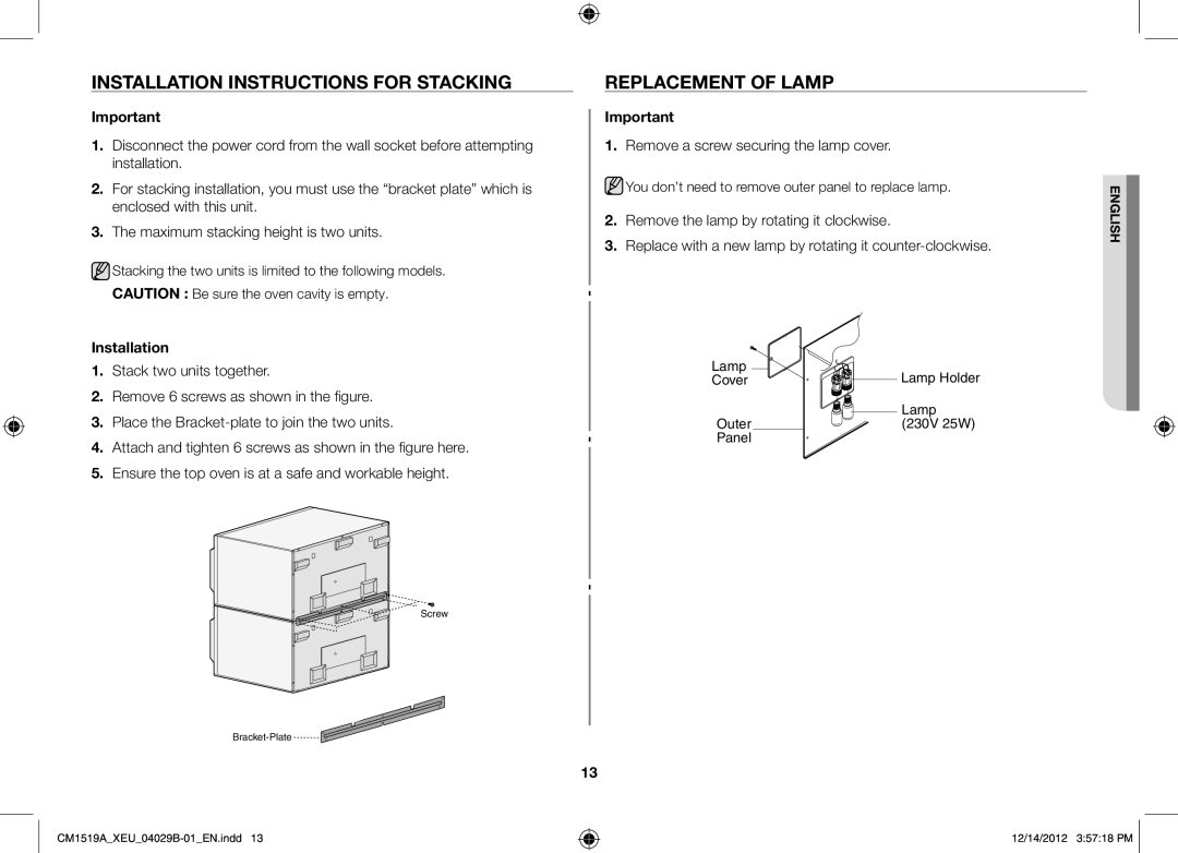 Samsung CM1519A-1/XEU Installation Instructions for Stacking, Replacement of Lamp, Remove a screw securing the lamp cover 