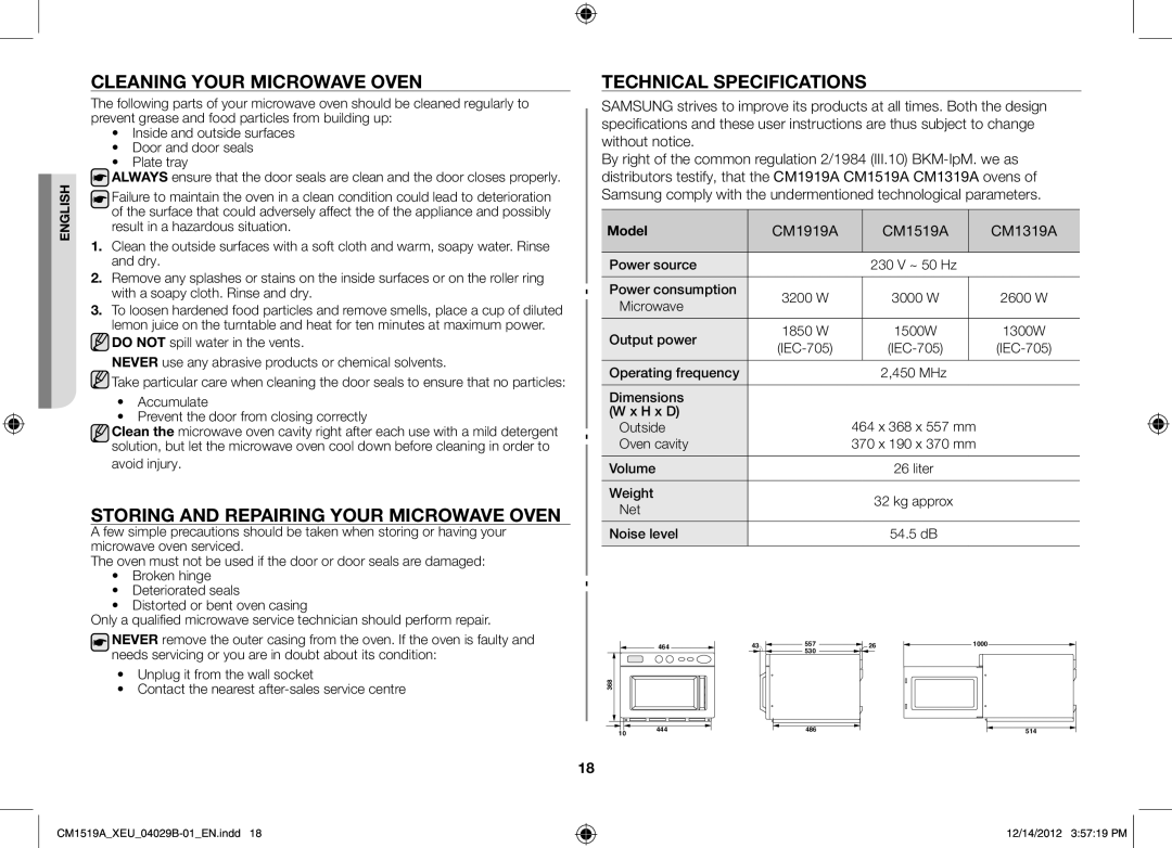 Samsung CM1919A/XEU Cleaning your microwave oven, Storing and repairing your microwave oven, Technical specifications 