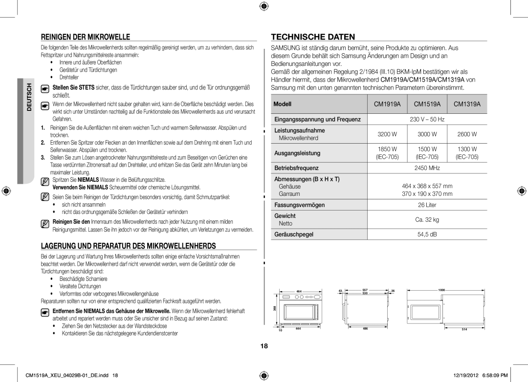 Samsung CM1919A/XEU manual Reinigen der Mikrowelle, Lagerung und Reparatur des Mikrowellenherds, Technische Daten, Modell 