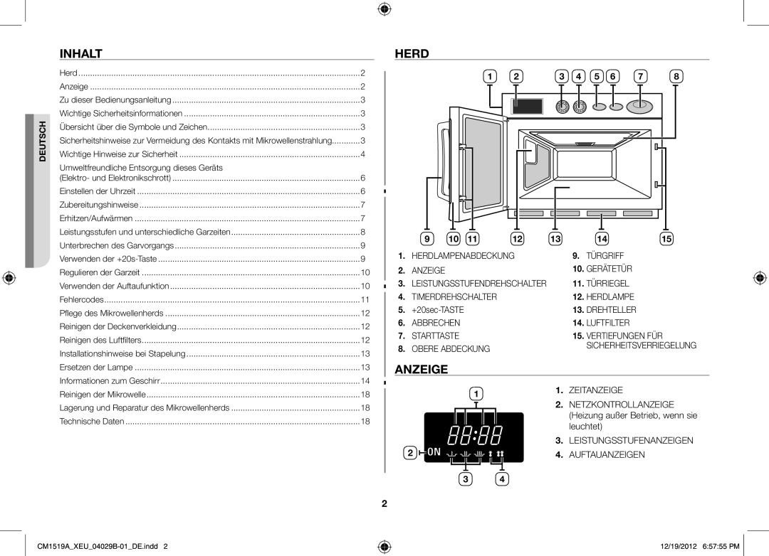 Samsung CM1919A/XEU, CM1519A-1/XEU manual Inhalt, Herd, Anzeige, Netzkontrollanzeige, Auftauanzeigen 