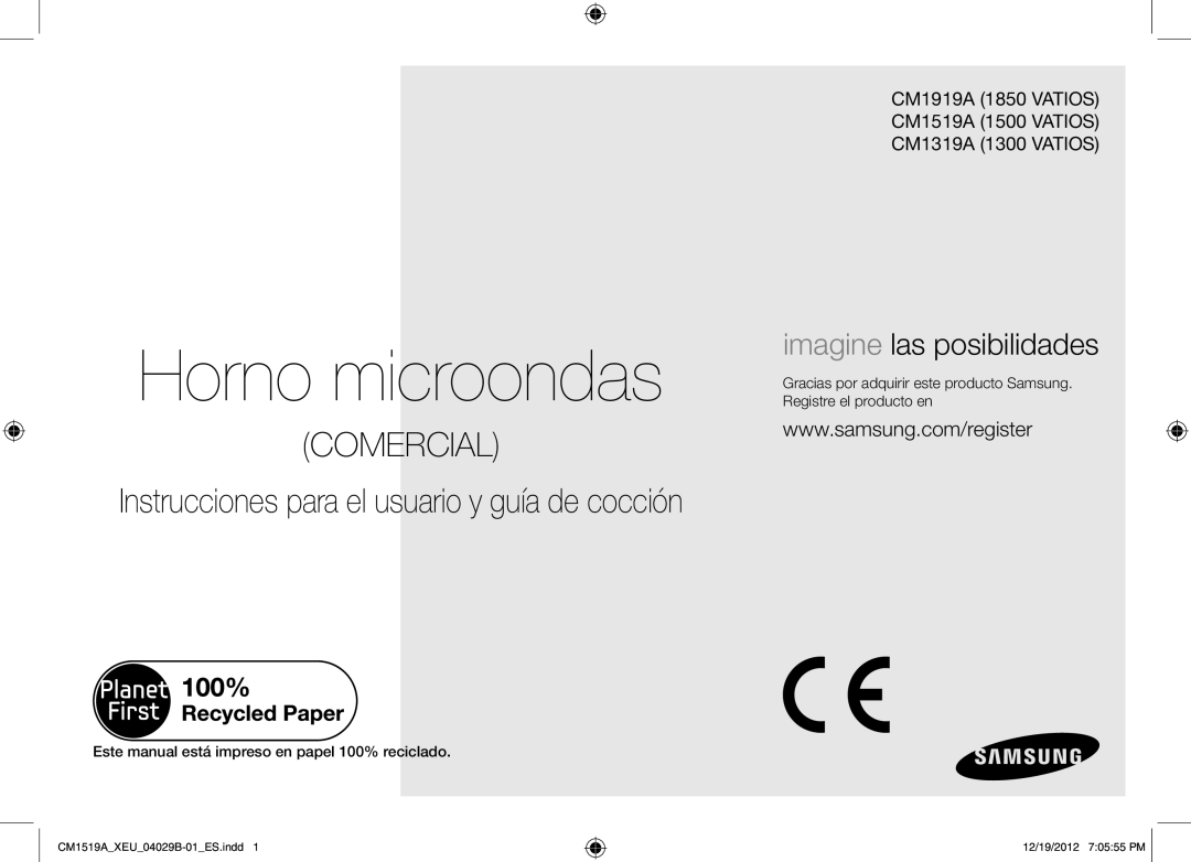 Samsung CM1519A-1/XEU, CM1919A/XEU Horno microondas, Este manual está impreso en papel 100% reciclado 