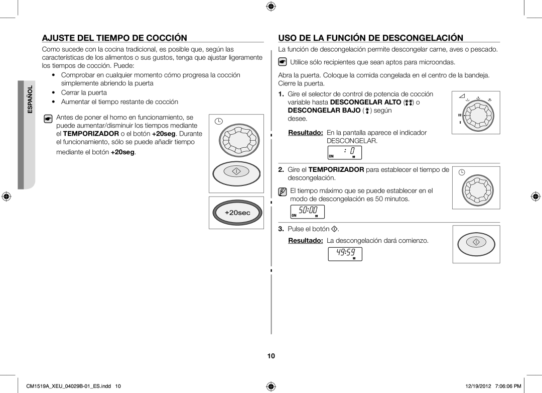 Samsung CM1919A/XEU, CM1519A-1/XEU manual Ajuste del tiempo de cocción, Uso de la función de descongelación 