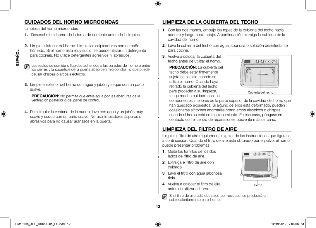 Samsung CM1919A/XEU manual Cuidados del horno microondas, Limpieza de la cubierta del techo, Limpieza del filtro de aire 