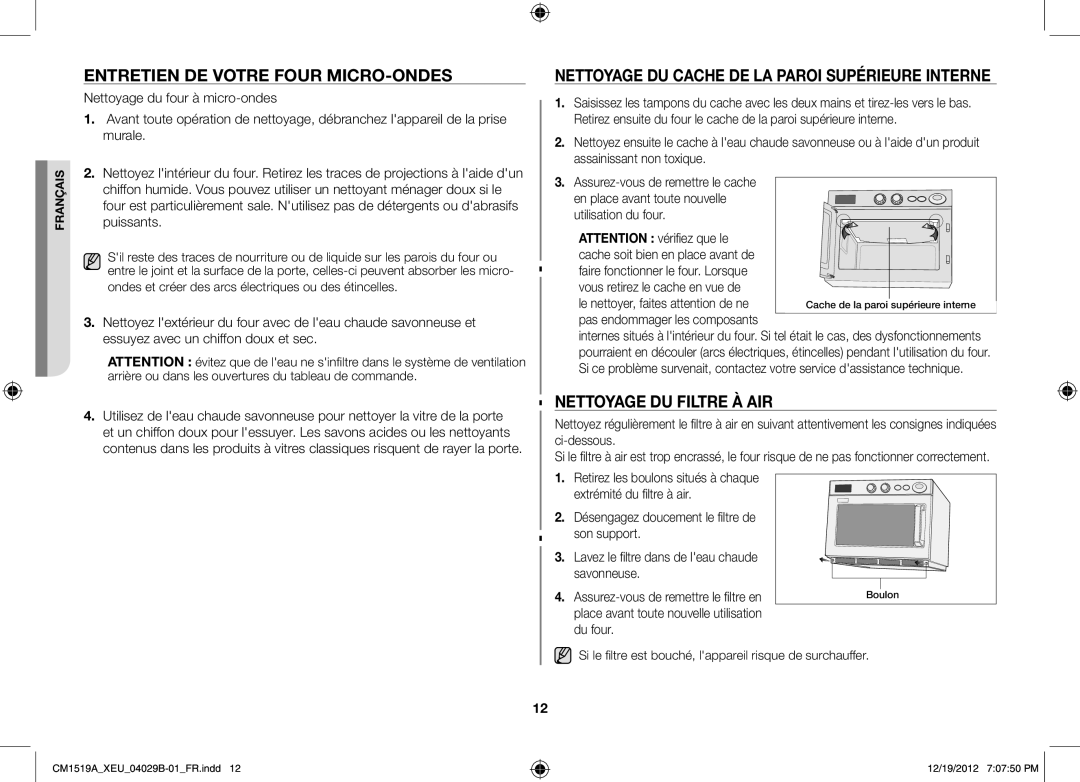 Samsung CM1919A/XEU, CM1519A-1/XEU Entretien de votre four micro-ondes, NettoyaGe du cache de la paroi supérieure interne 