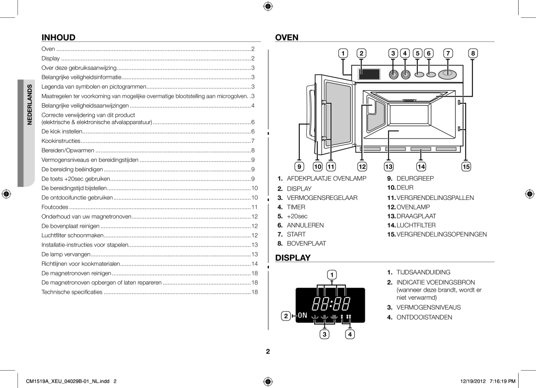 Samsung CM1919A/XEU, CM1519A-1/XEU manual Inhoud, Oven, Deur 