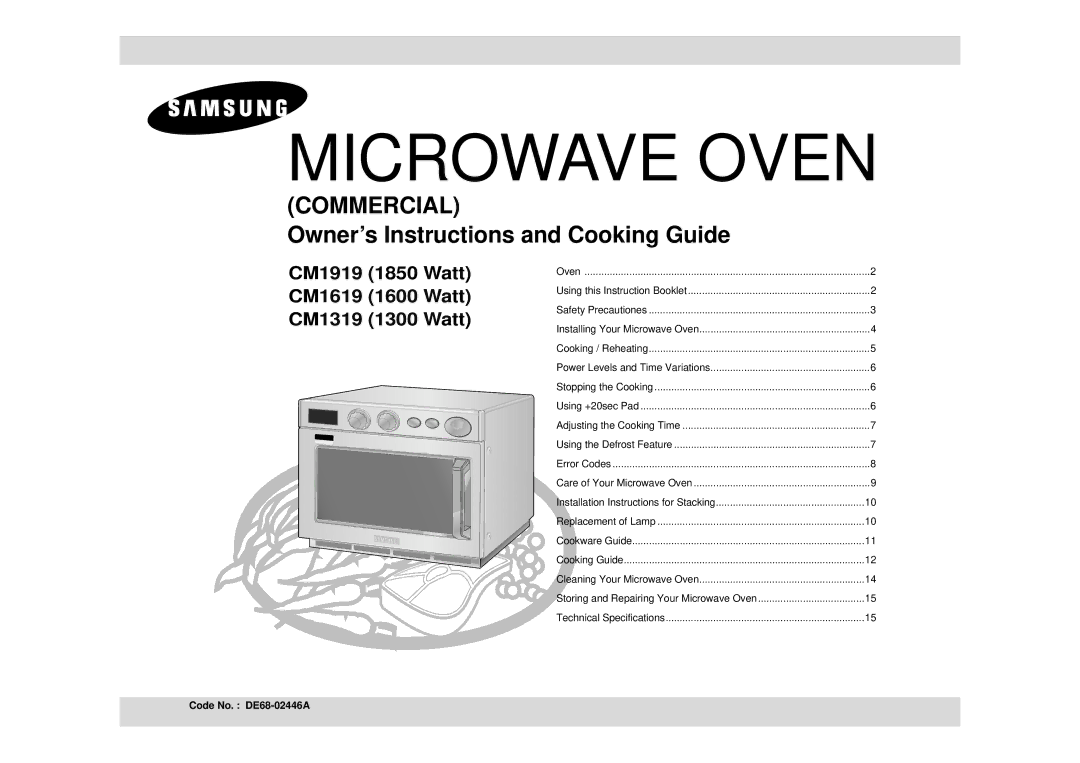 Samsung CM1919/ELE manual Microwave Oven, Code No. DE68-02446A 