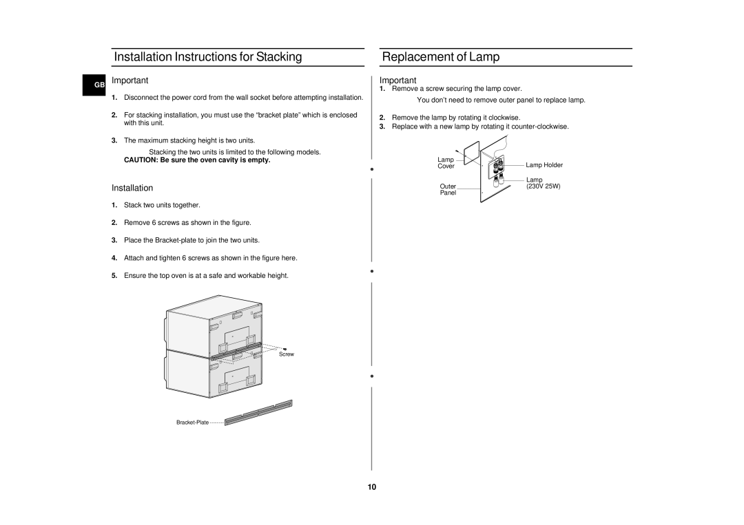 Samsung CM1919/ELE manual Installation Instructions for Stacking Replacement of Lamp, GB Important 