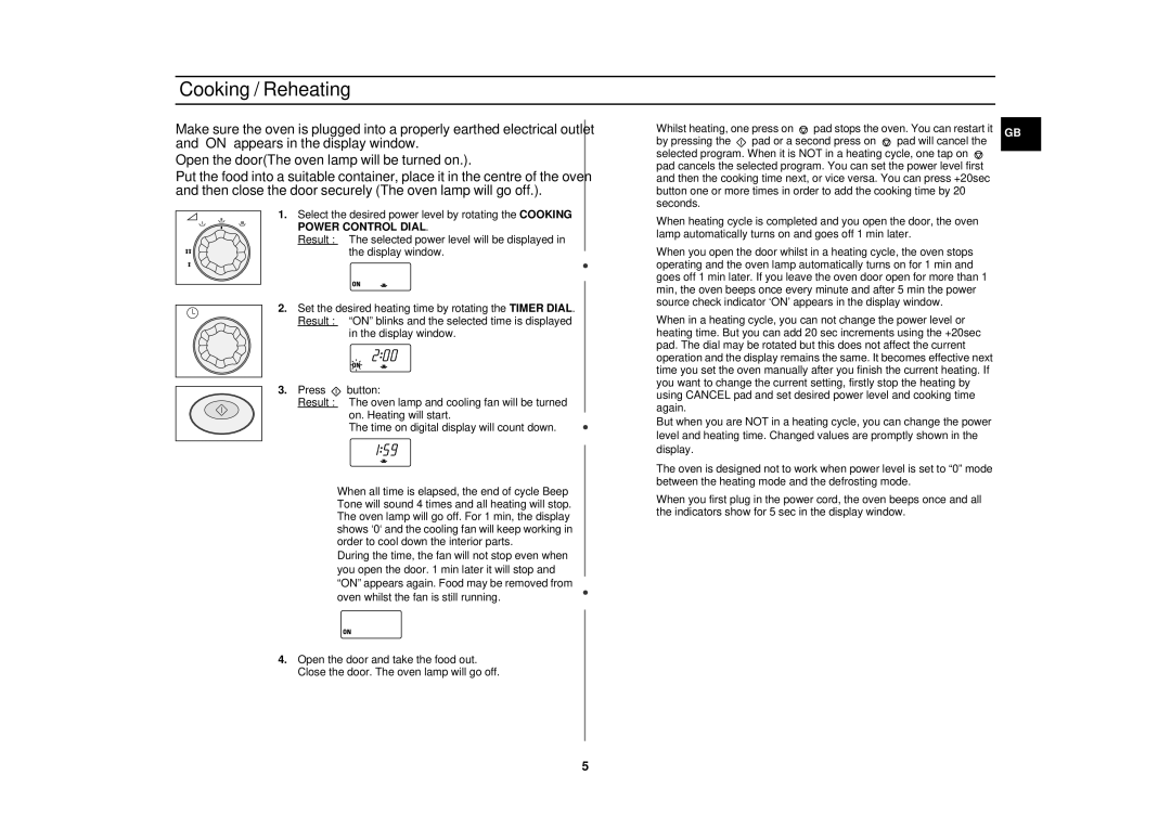 Samsung CM1919/ELE manual Cooking / Reheating 