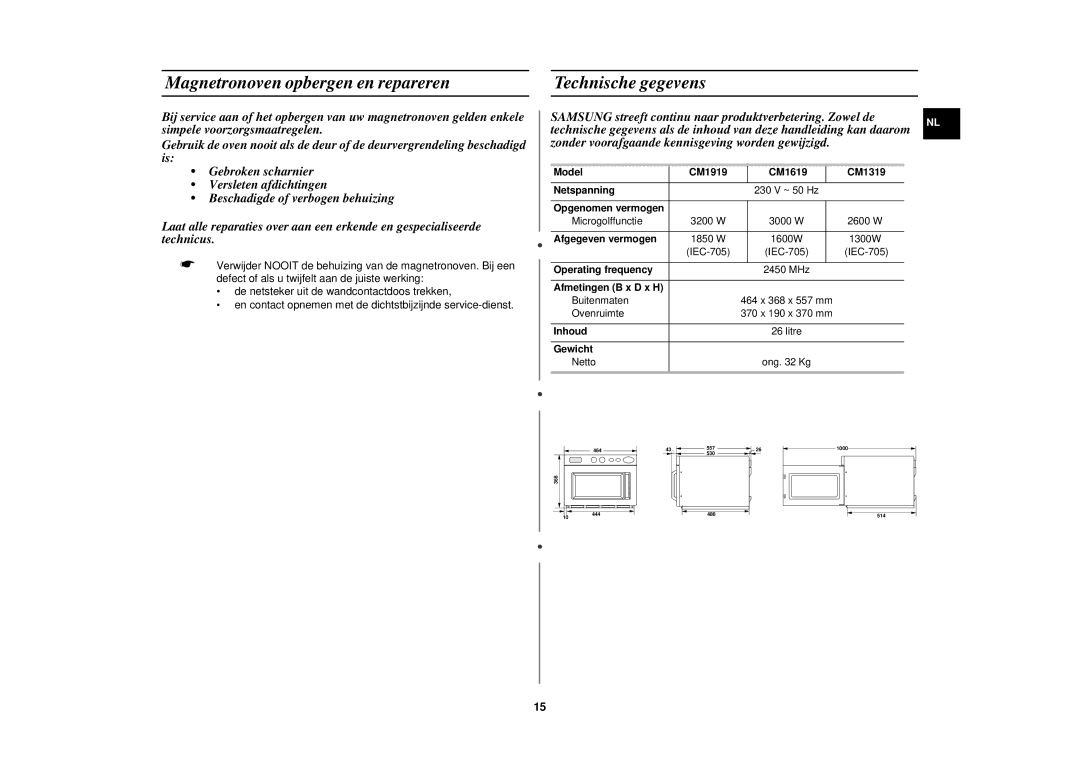 Samsung CM1919/XEN, CM1319/XEN, CM1919/SW manual Magnetronoven opbergen en repareren, Technische gegevens 