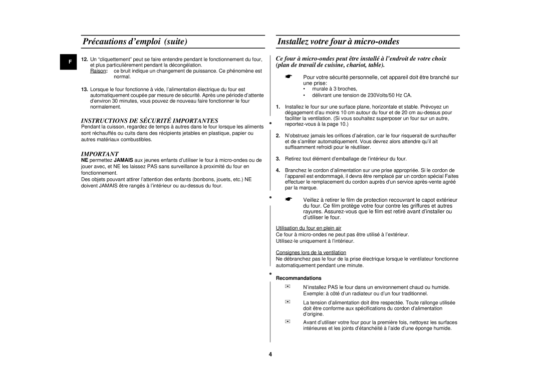 Samsung CM1319/XEN, CM1919/XEN, CM1919/SW manual Instructions DE Sécurité Importantes, Recommandations 