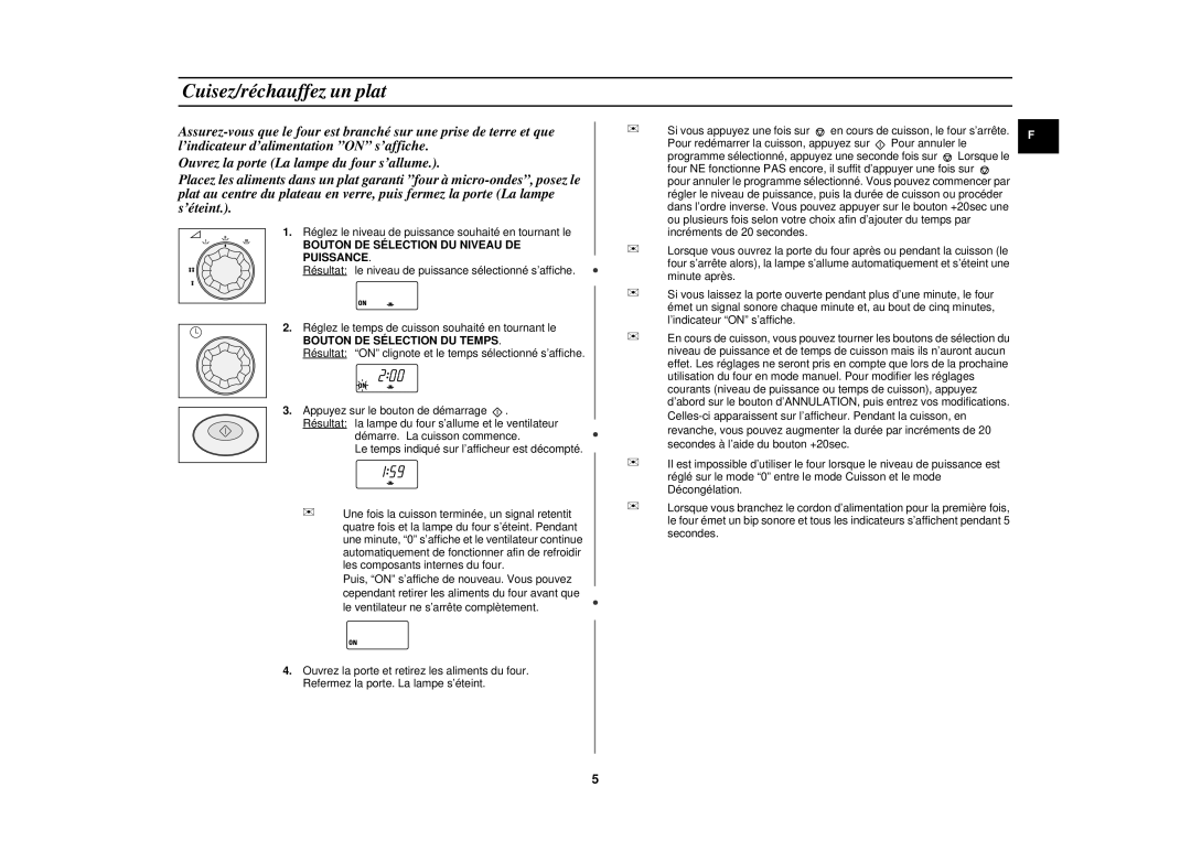 Samsung CM1919/SW, CM1919/XEN, CM1319/XEN manual Cuisez/réchauffez un plat, Bouton DE Sélection DU Niveau DE Puissance 