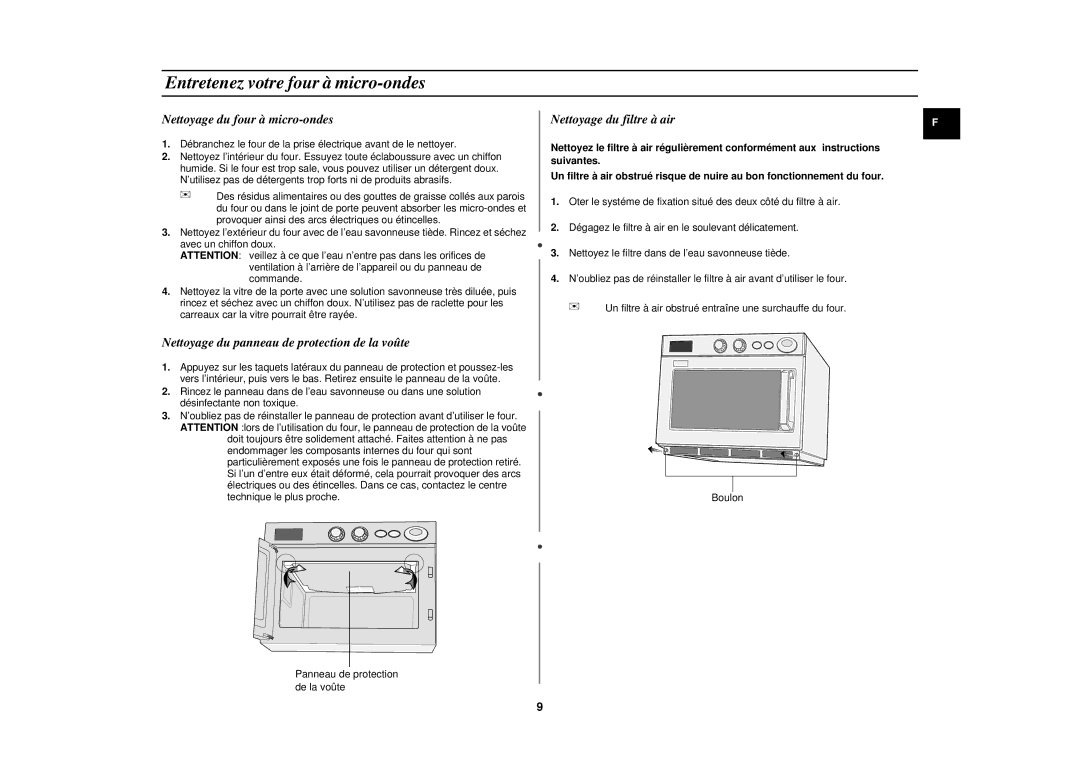 Samsung CM1919/XEN manual Entretenez votre four à micro-ondes, Nettoyage du four à micro-ondes, Nettoyage du filtre à air 