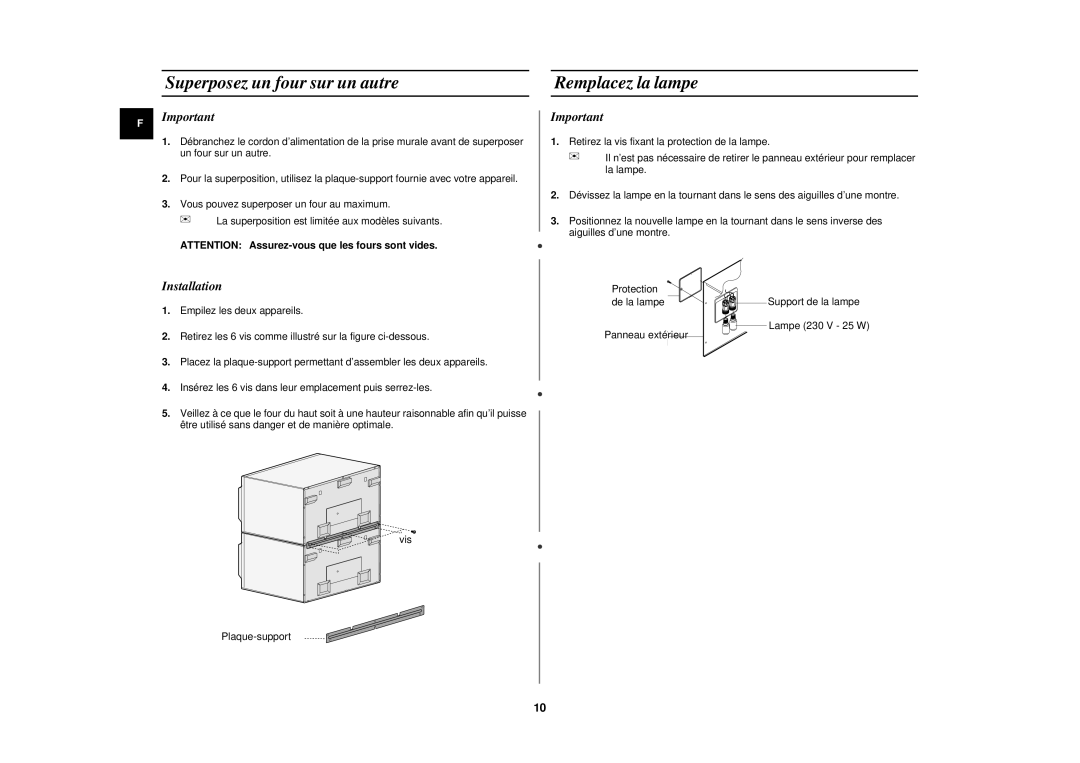 Samsung CM1319/XEN, CM1919/XEN, CM1919/SW manual Superposez un four sur un autre, Remplacez la lampe, Installation 