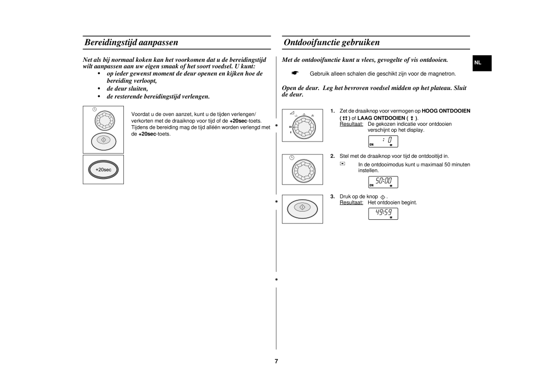 Samsung CM1319/XEN, CM1919/XEN, CM1919/SW manual Bereidingstijd aanpassen, Ontdooifunctie gebruiken, Laag Ontdooien 