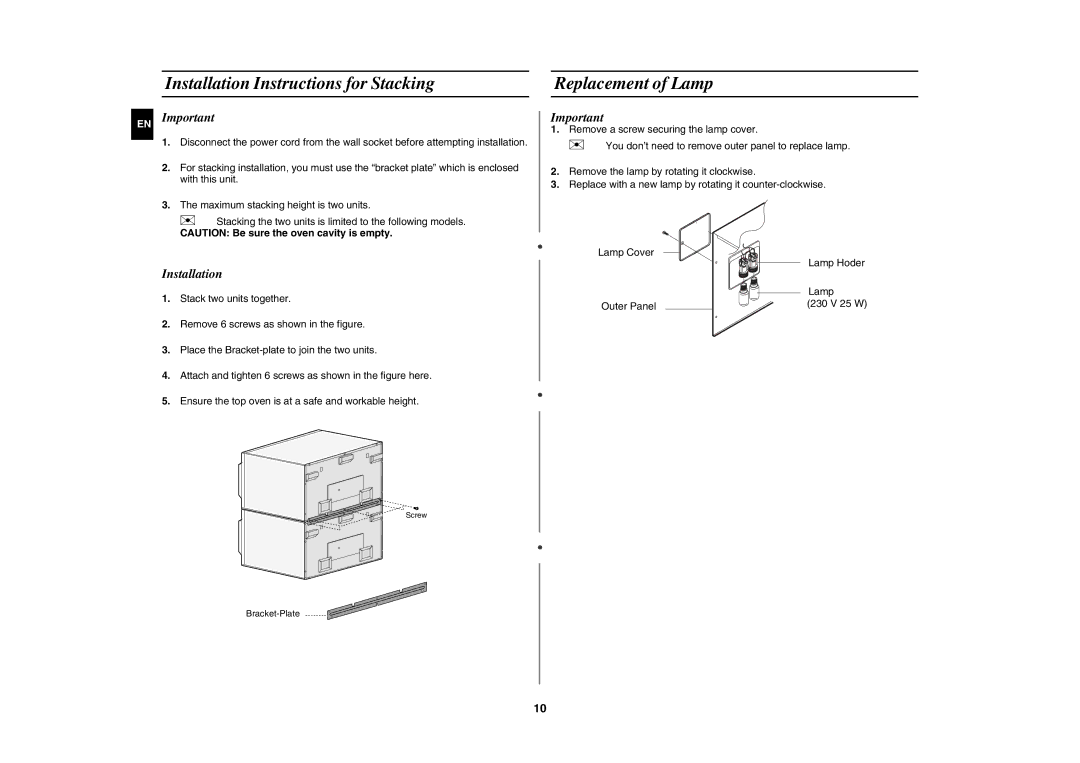 Samsung CM1319A/XEU, CM1919/XEN, CM1619A/XEU manual Installation Instructions for Stacking Replacement of Lamp, EN Important 