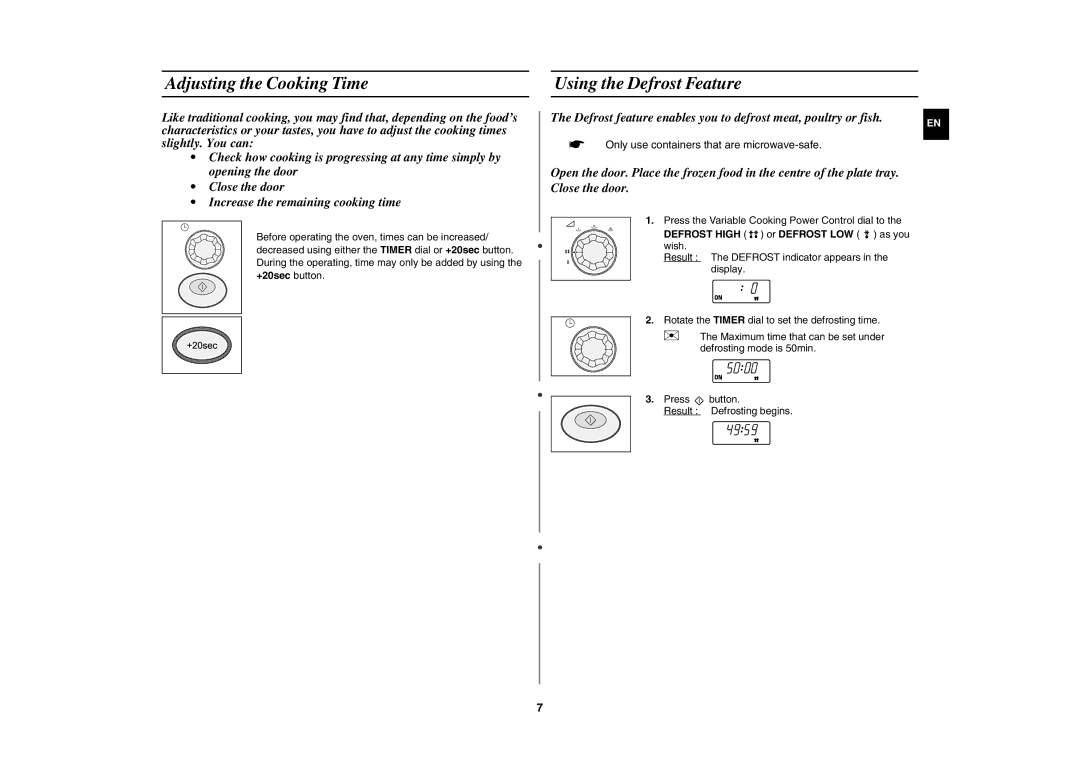 Samsung CM1919/SW manual Adjusting the Cooking Time, Using the Defrost Feature, Defrost High or Defrost LOW as you wish 