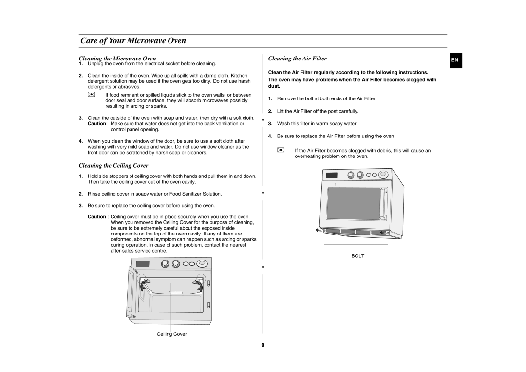 Samsung CM1619A/XEU, CM1919/XEN manual Care of Your Microwave Oven, Cleaning the Microwave Oven, Cleaning the Ceiling Cover 