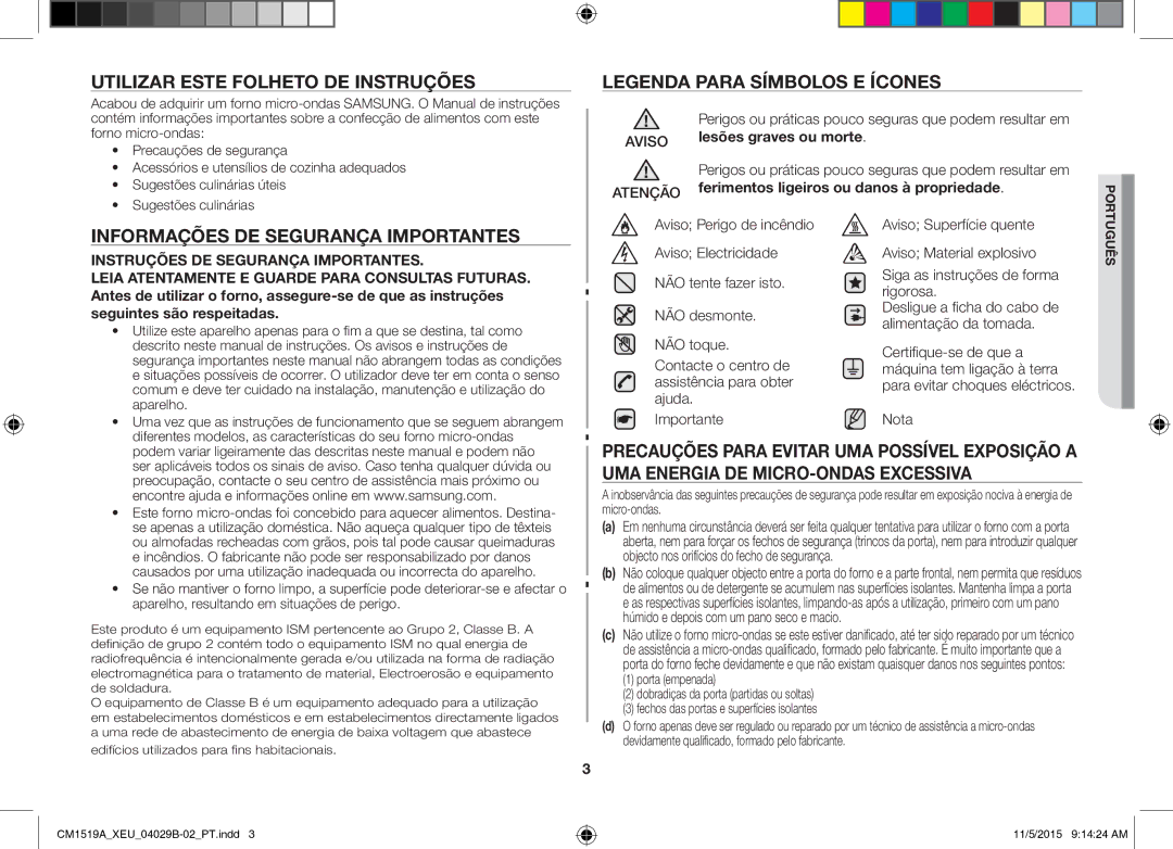 Samsung CM1919/SW manual Utilizar Este Folheto DE Instruções, Informações DE Segurança Importantes, Lesões graves ou morte 