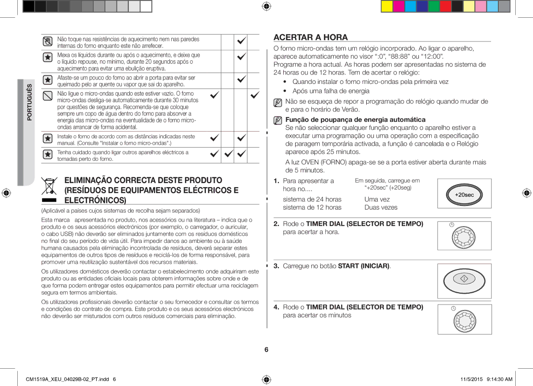 Samsung CM1919/XEN, CM1919/SW manual Acertar a Hora, Função de poupança de energia automática 