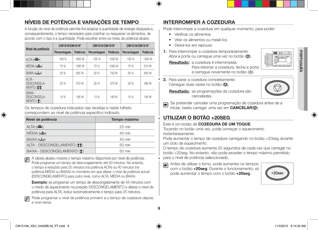 Samsung CM1919/SW, CM1919/XEN Níveis DE Potência E Variações DE Tempo, Interromper a Cozedura, Utilizar O Botão +20SEG 