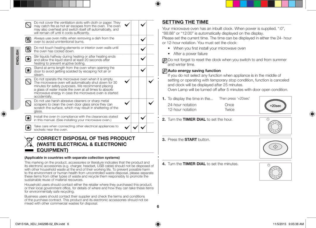 Samsung CM1919/XEN, CM1919/SW manual Setting the Time, Auto energy saving function, Then press ‘+20sec’ 