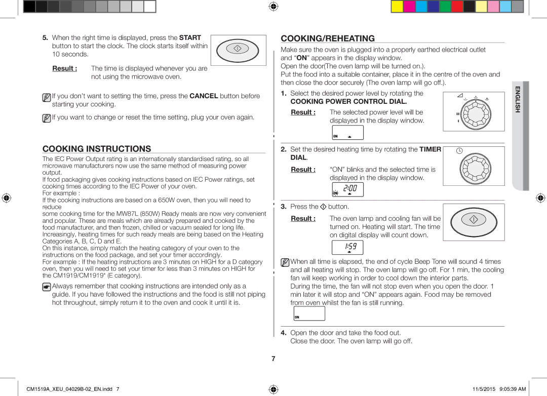 Samsung CM1919/SW, CM1919/XEN Cooking Instructions, Cooking/Reheating, Set the desired heating time by rotating the Timer 