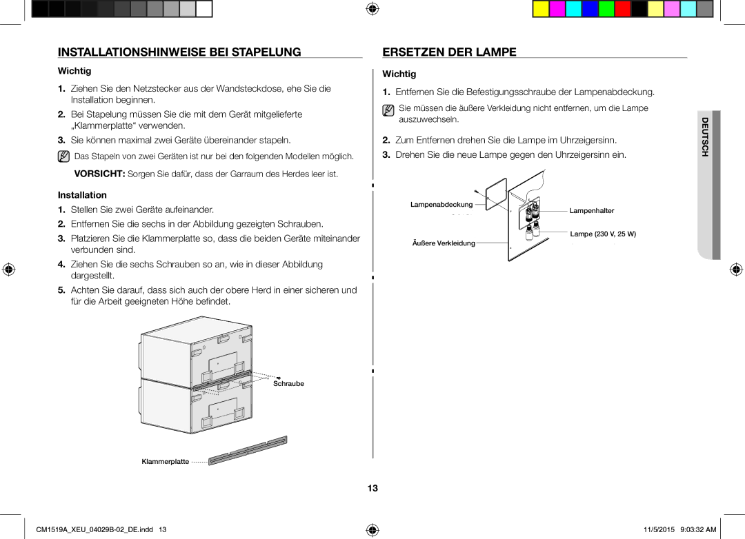 Samsung CM1919/SW, CM1919/XEN manual Installationshinweise BEI Stapelung, Ersetzen DER Lampe, Wichtig 