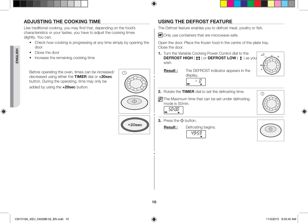 Samsung CM1919/XEN, CM1919/SW manual Adjusting the Cooking Time, Using the Defrost Feature, Added by using the +20sec button 