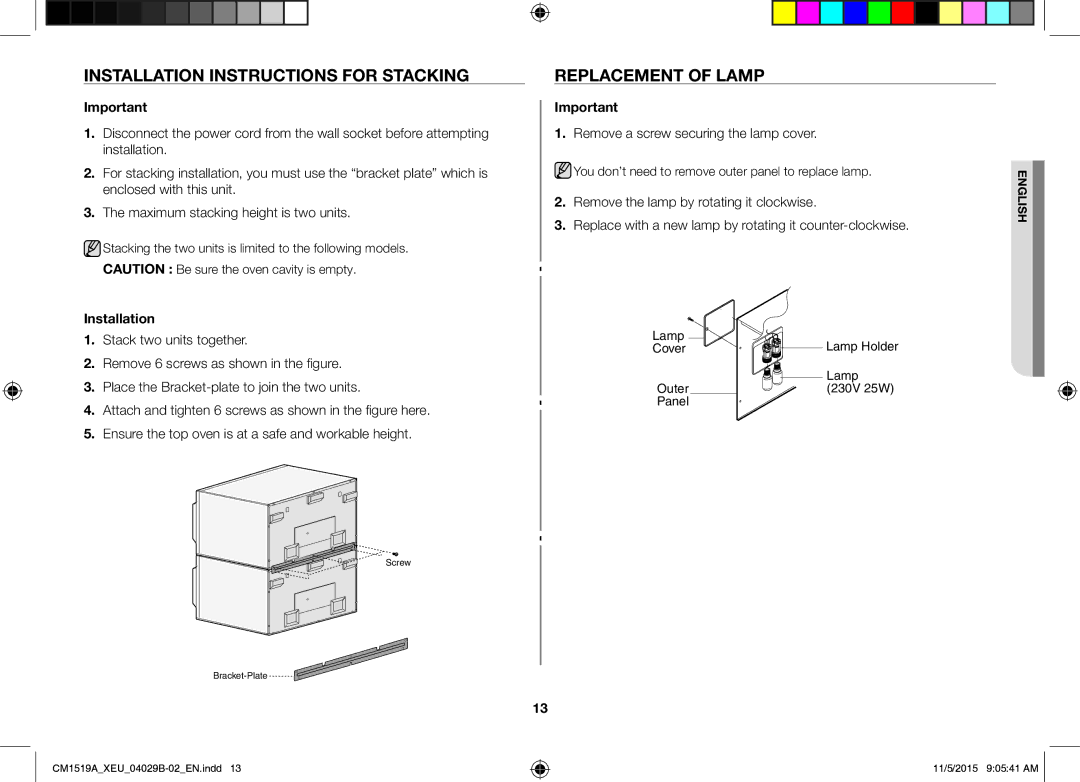 Samsung CM1919/SW Installation Instructions for Stacking, Replacement of Lamp, Remove a screw securing the lamp cover 