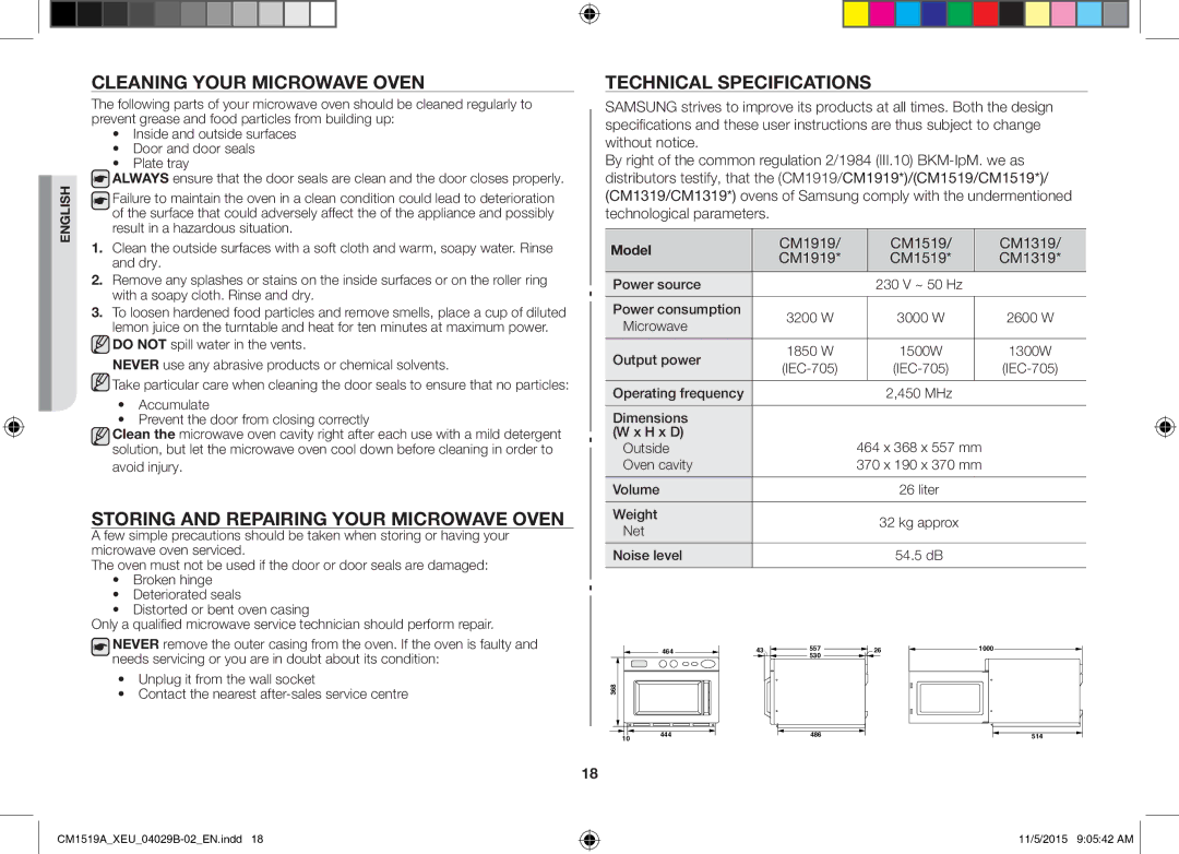 Samsung CM1919/XEN manual Cleaning Your Microwave Oven, Storing and Repairing Your Microwave Oven, Technical Specifications 