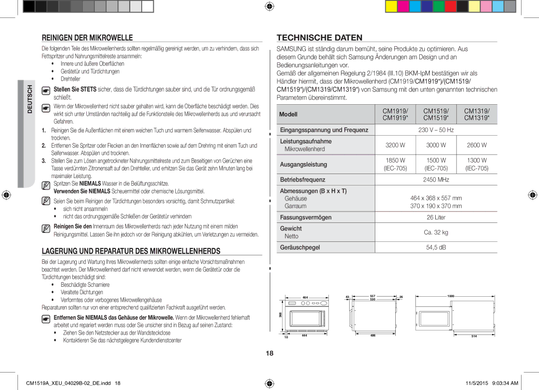 Samsung CM1919/XEN manual Reinigen DER Mikrowelle, Lagerung UND Reparatur DES Mikrowellenherds, Technische Daten, Modell 