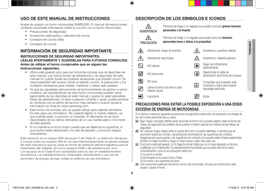 Samsung CM1919/SW, CM1919/XEN manual USO DE Este Manual DE Instrucciones, Descripción DE LOS Símbolos E Iconos, Notas 