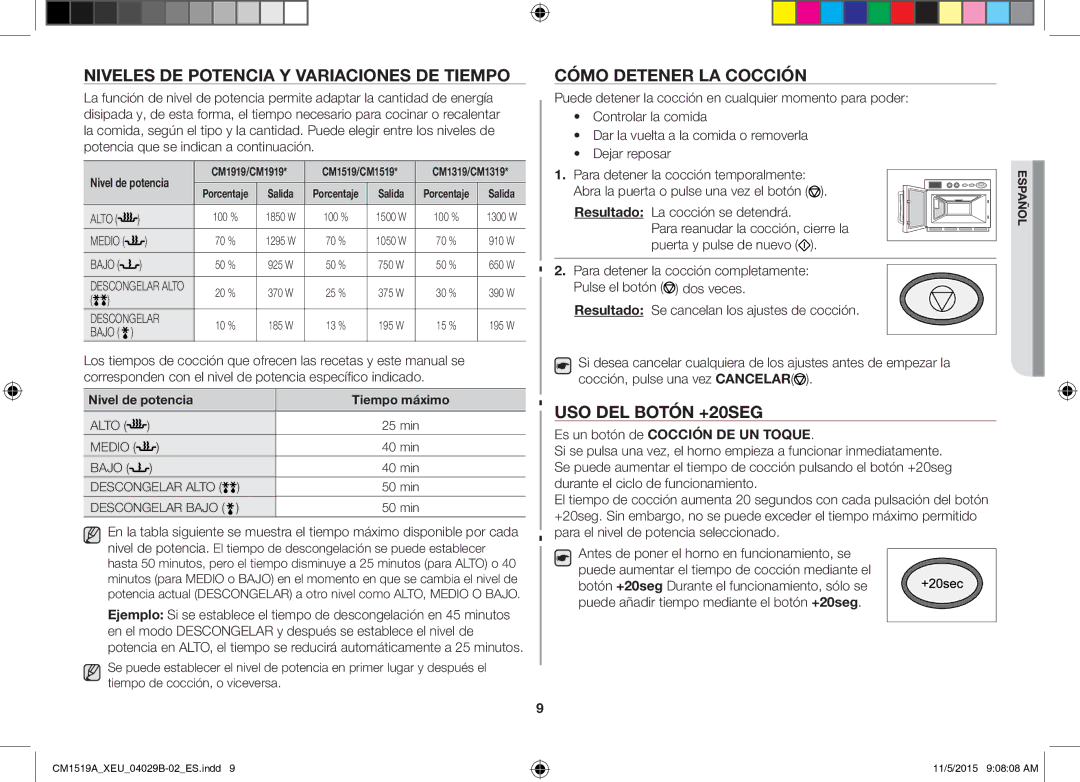 Samsung CM1919/SW, CM1919/XEN Niveles DE Potencia Y Variaciones DE Tiempo, Cómo Detener LA Cocción, USO DEL Botón +20SEG 