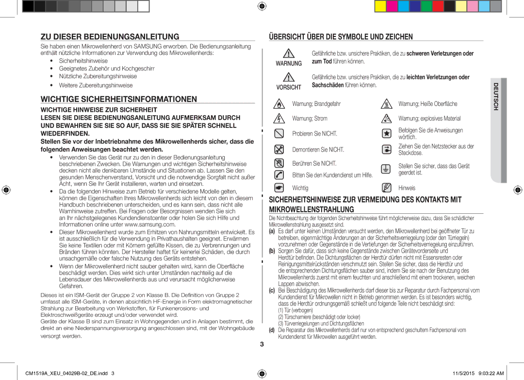 Samsung CM1919/SW ZU Dieser Bedienungsanleitung, Übersicht Über DIE Symbole UND Zeichen, Wichtige Sicherheitsinformationen 