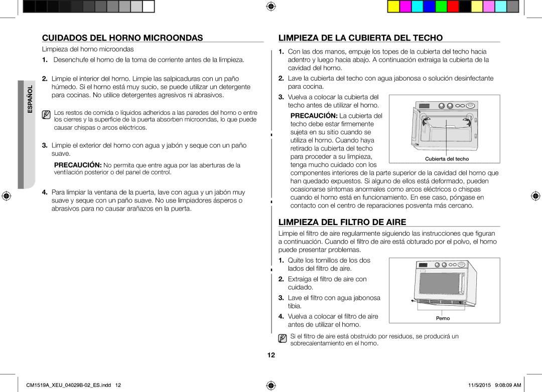 Samsung CM1919/XEN manual Cuidados DEL Horno Microondas, Limpieza DE LA Cubierta DEL Techo, Limpieza DEL Filtro DE Aire 