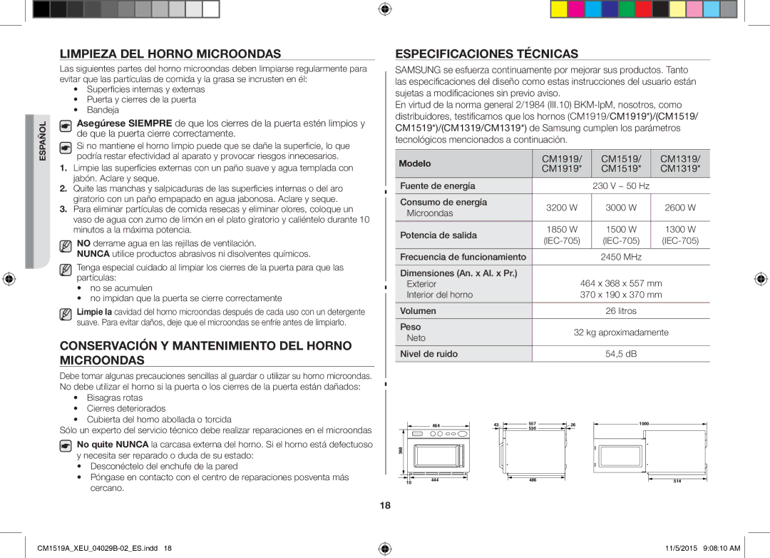 Samsung CM1919/XEN, CM1919/SW Limpieza DEL Horno Microondas, Conservación Y Mantenimiento DEL Horno Microondas, Modelo 