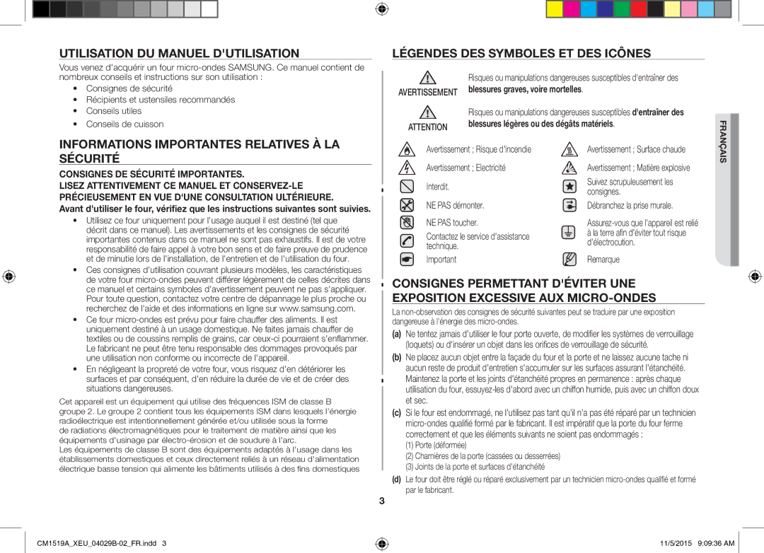 Samsung CM1919/SW manual Informations Importantes Relatives À LA Sécurité, Blessures graves, voire mortelles, Remarque 