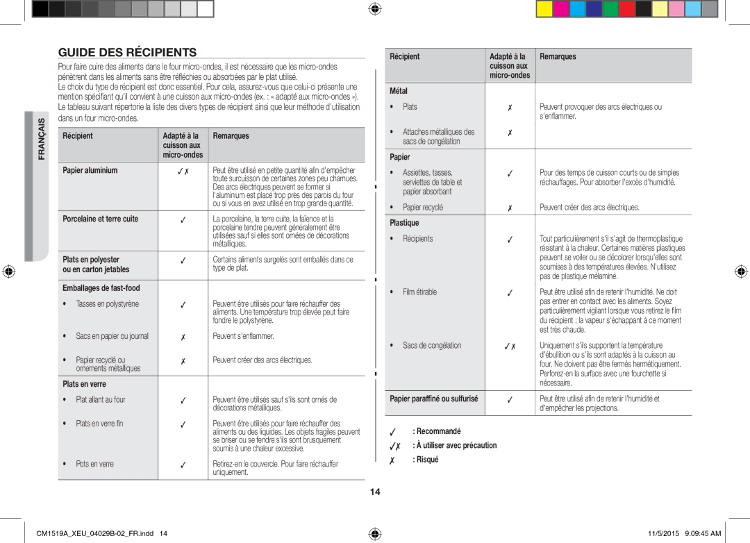 Samsung CM1919/XEN, CM1919/SW manual Guide DES Récipients 