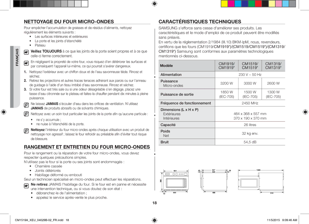 Samsung CM1919/XEN Nettoyage DU Four MICRO-ONDES, Rangement ET Entretien DU Four MICRO-ONDES, Caractéristiques Techniques 