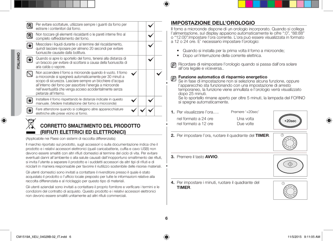 Samsung CM1919/XEN, CM1919/SW manual Impostazione DELL’OROLOGIO, Funzione automatica di risparmio energetico 